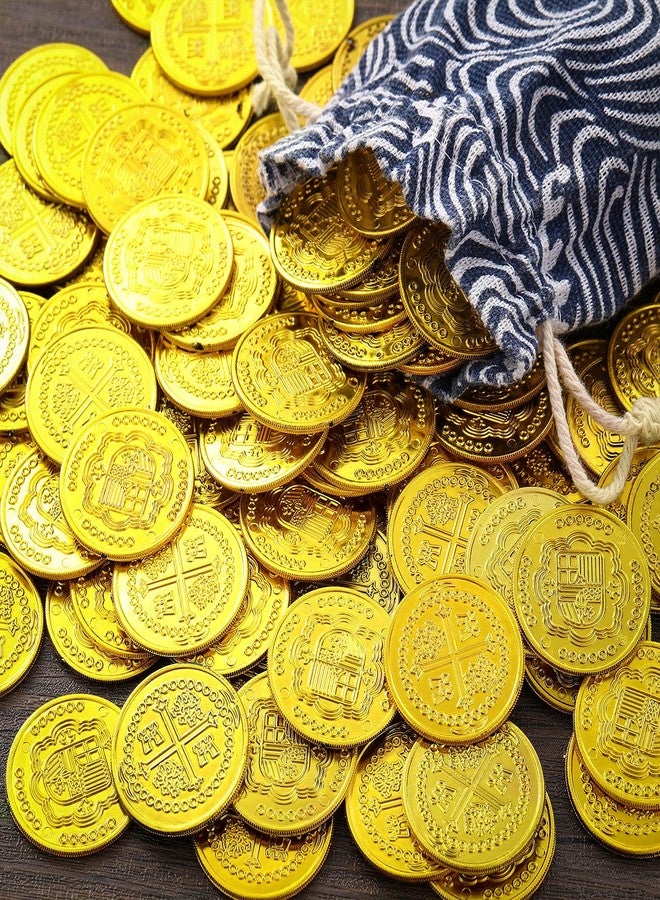 Dingion 100 Pcs Plastic Gold Coins Set Pirate Coins Fake Toy Tokens Treasure Coins Reward Gifts Replica Spanish Doubloons for Board Games Pirate Treasure Chest Party Favors(Golden) - Image 2